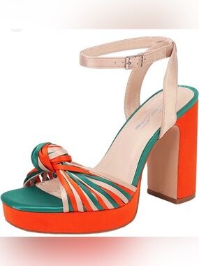 Block-Heel Ankle-Strap Platform Sandal in Beige, Teal & Orange